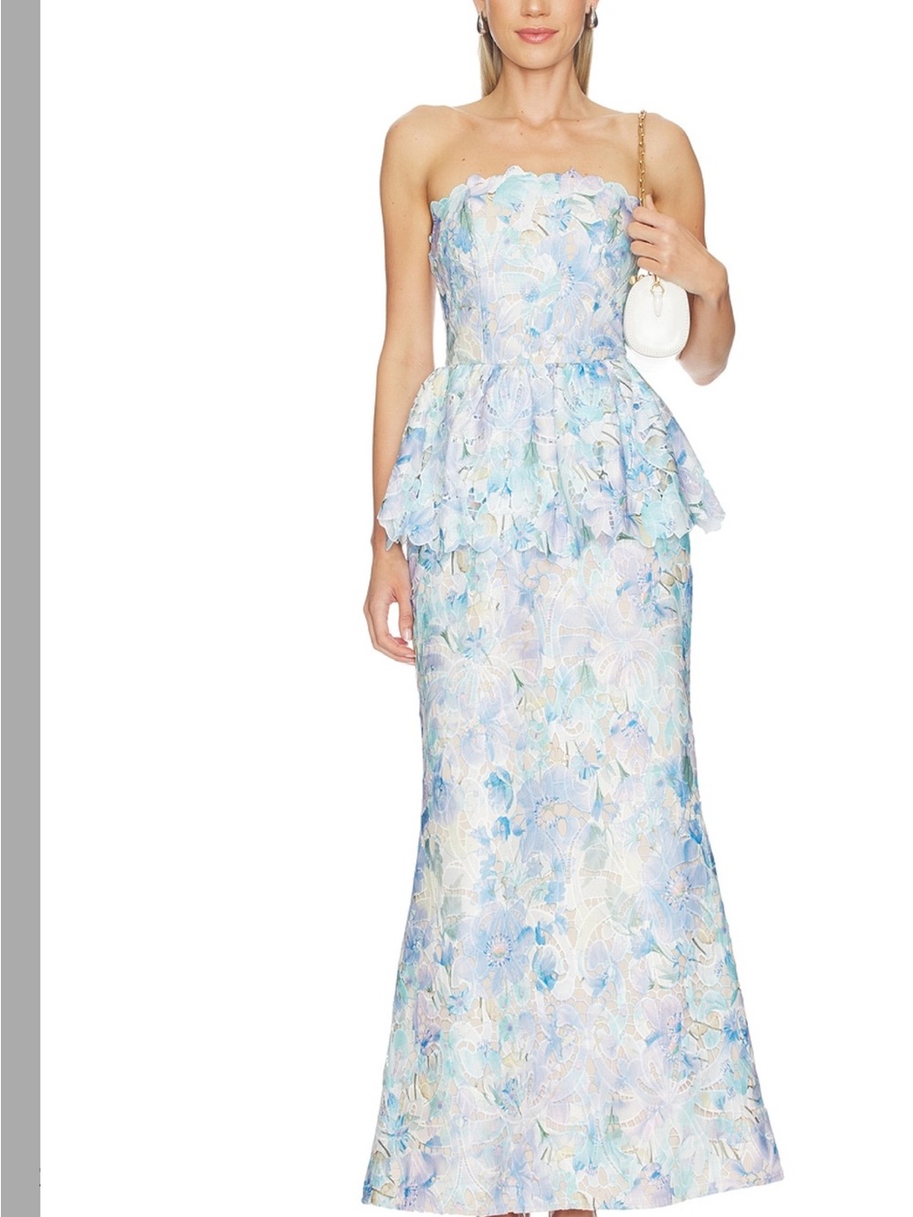 Elliatt Strapless Floral Peplum Gown in Pastel Blue and Lavender